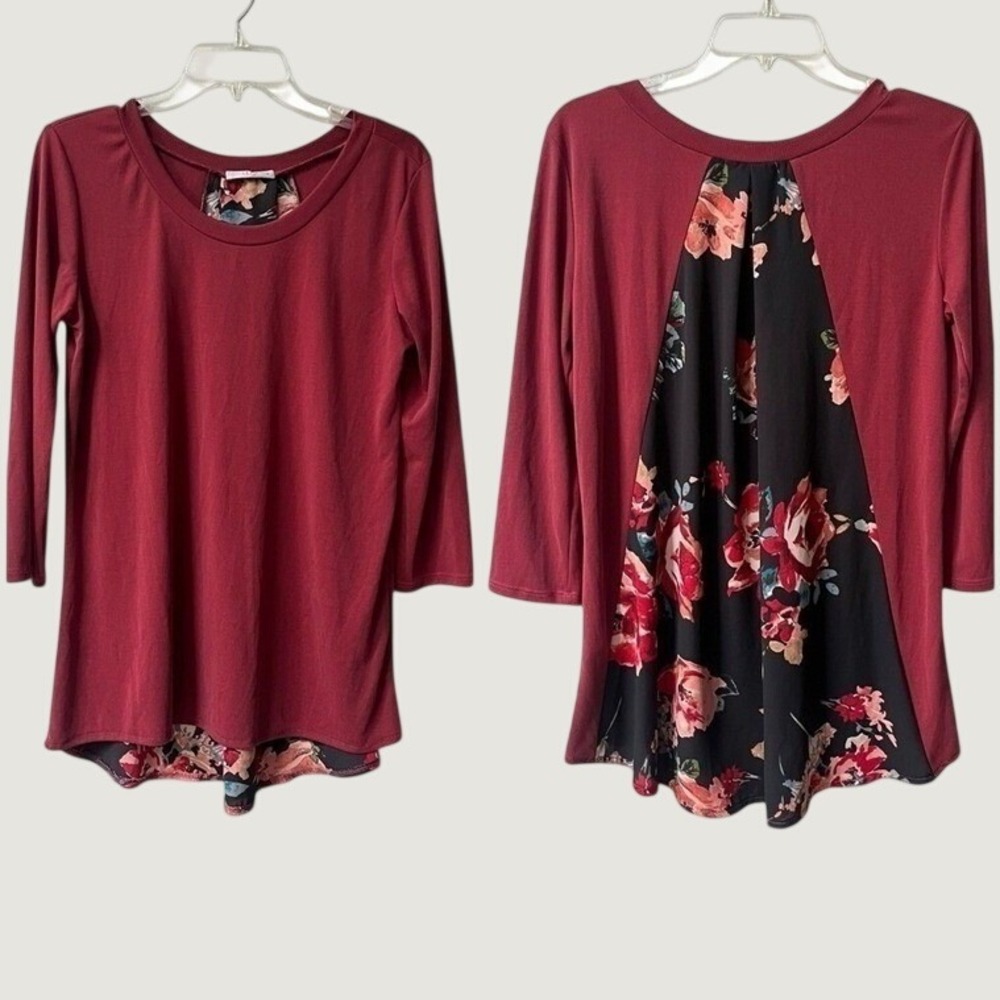 Le Lis Tunic Top Medium Burgundy Floral Contrast Back Long Sleeve Fall New